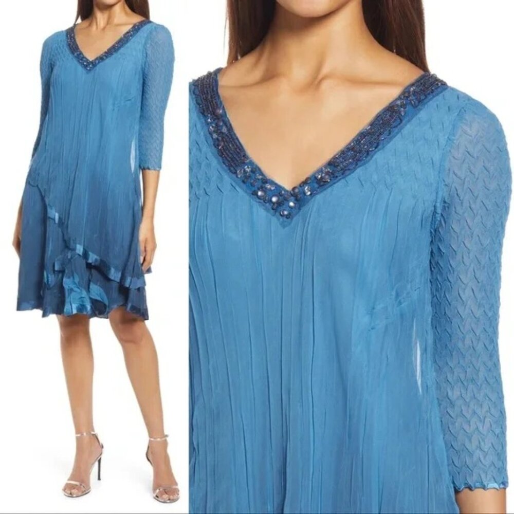 Komarov Beaded Neck Tiered Chiffon & Charmeuse Midi Dress Size L Blue 3/4 Sleeve